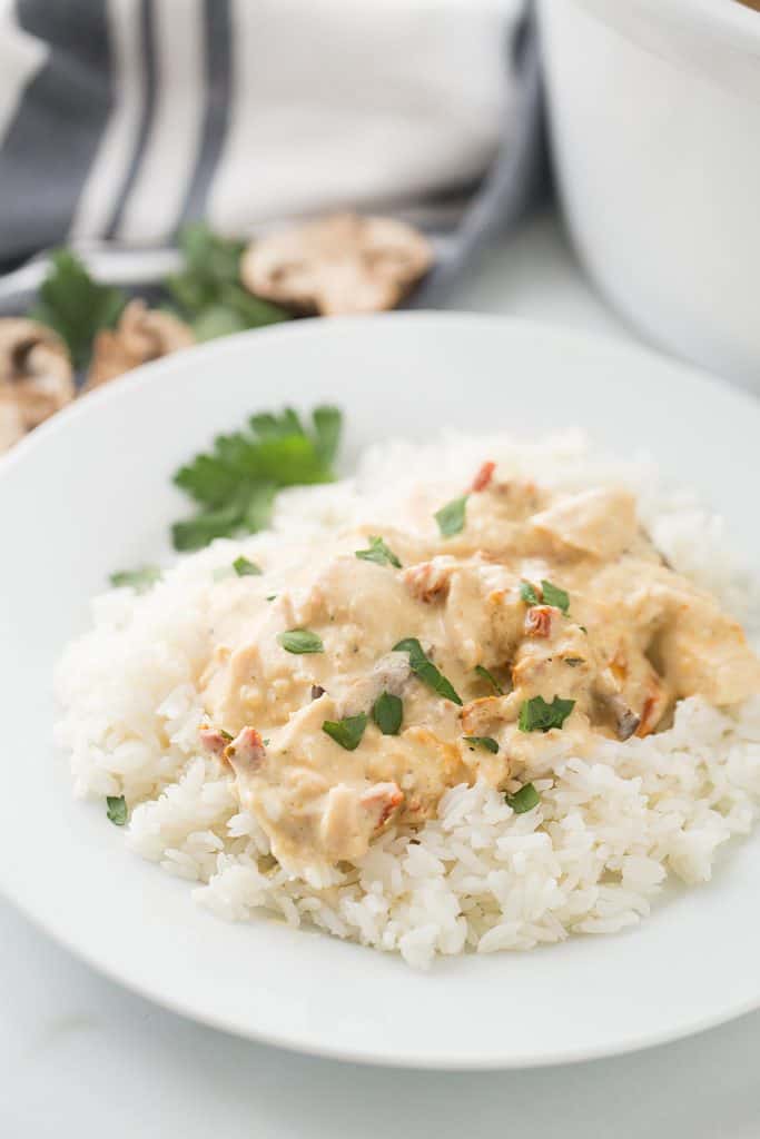 Slow Cooker Creamy Italian Chicken - Slow cooker creamy Italian chicken is easy, creamy, and comforting. You and your family will love this simple weeknight meal! #slowcooker #crockpot #chicken #recipe #chickenrecipe #halfscratched #italianchicken #cooking #easyrecipe