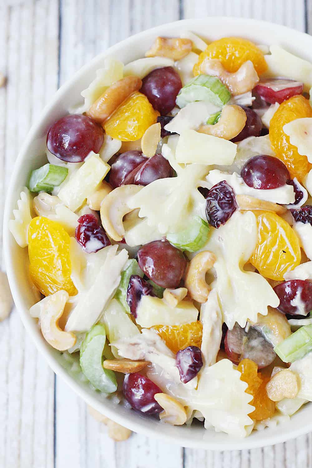 Chicken Bow Tie Pasta Salad in a bowl.