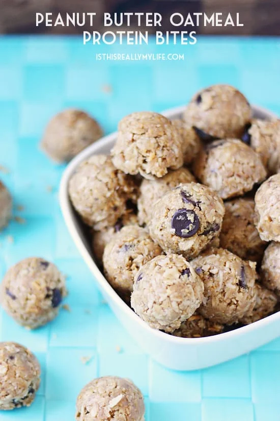 No-bake peanut butter oatmeal protein bites 1 -- THE BEST recipe for energy bites I have ever tasted!