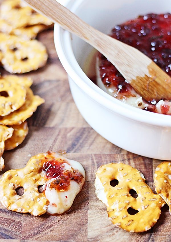 Baked Brie with Sweet Pepper Jelly close-up.