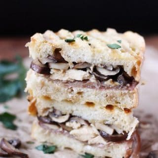 Chicken Marsala panini with goat cheese, prosciutto and Parmesan