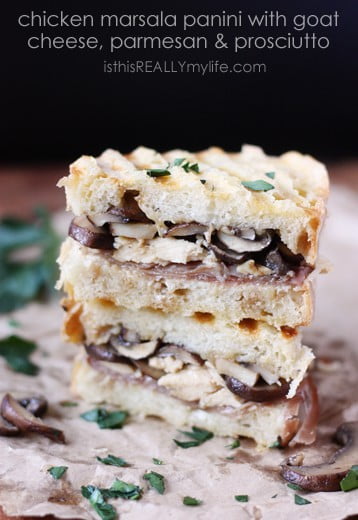 Chicken Marsala panini with goat cheese, prosciutto and Parmesan