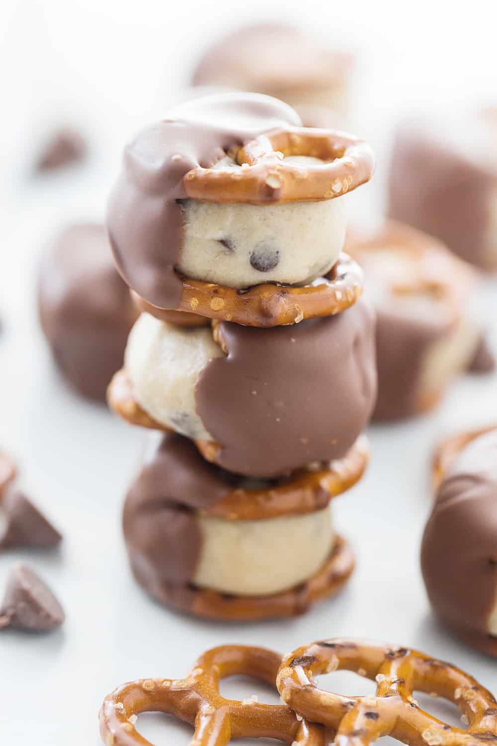 Cookie Dough Pretzel Bites on a pile.