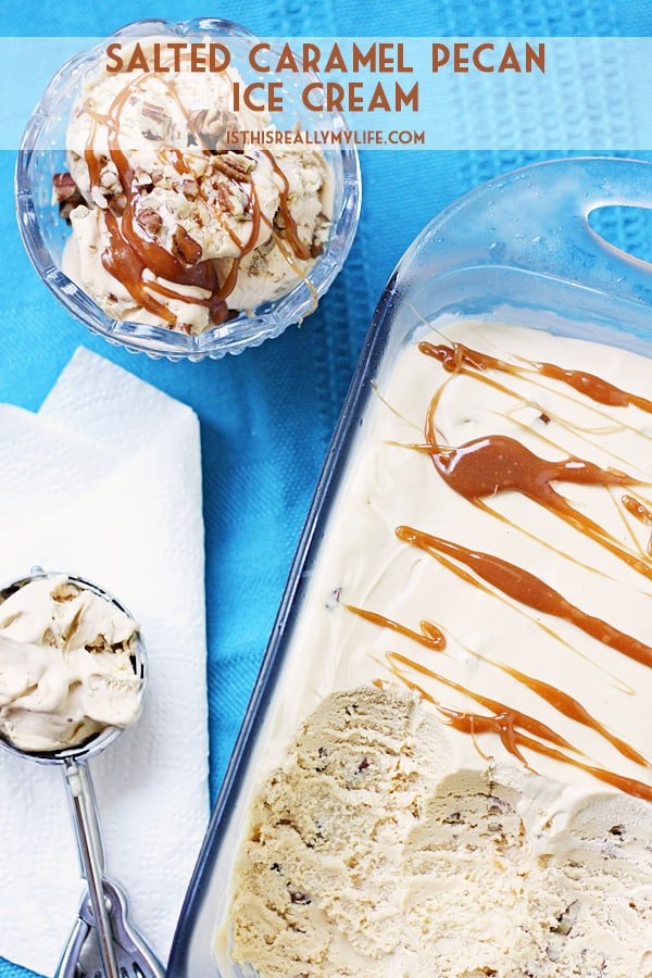 Salted Caramel Pecan Ice Cream - This salted caramel pecan ice cream boasts a decadent caramel swirl and chopped pecans. It's quite possibly the best salted ice cream you'll ever taste. | halfscratched.com