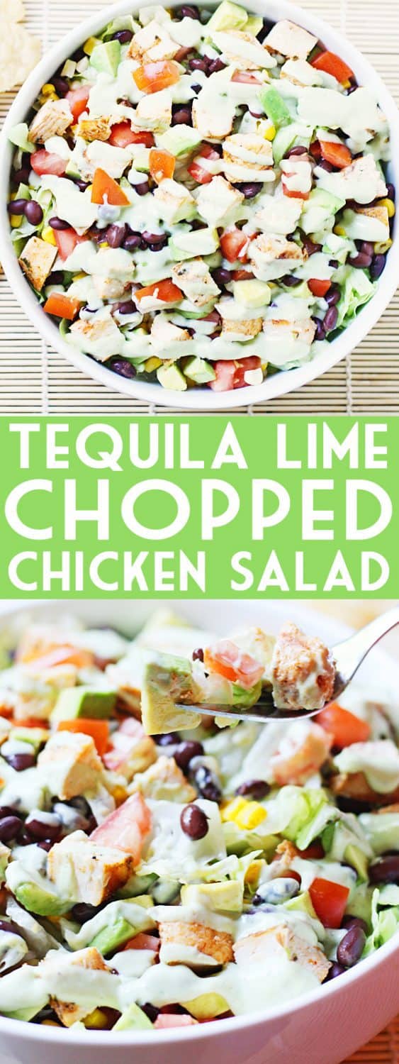 Tequila Lime Chopped Chicken Salad - This tequila lime chopped chicken salad is perfect for southwest salad lovers with its tequila lime-marinated chicken and spicy avocado ranch dressing. | halfscratched.com