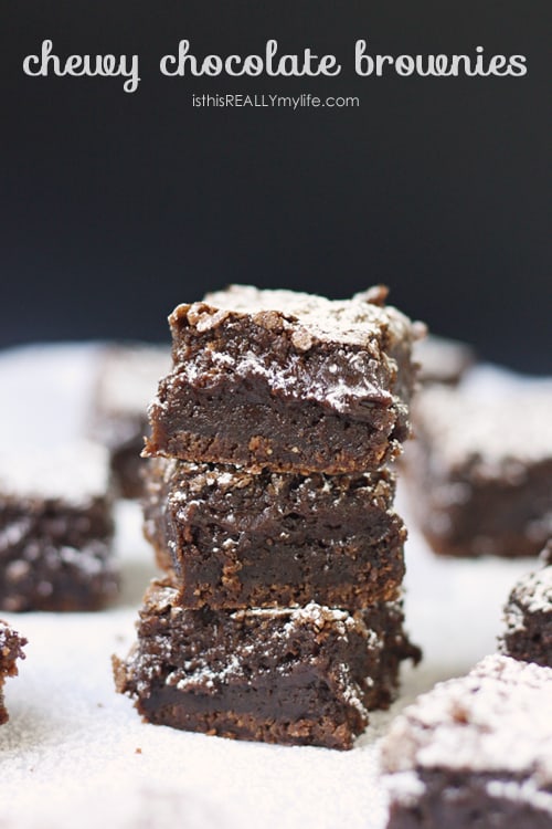 Chewy chocolate brownies -- super chocolaty and chewy. The perfect indulgence!
