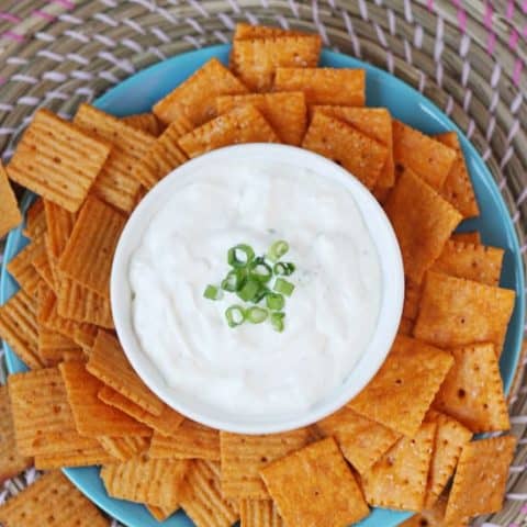 Rancho Dip -- a great party dip. Super creamy with a bit of blue cheese and some garlic. Pairs perfectly with your favorite crunchy crackers or chips.