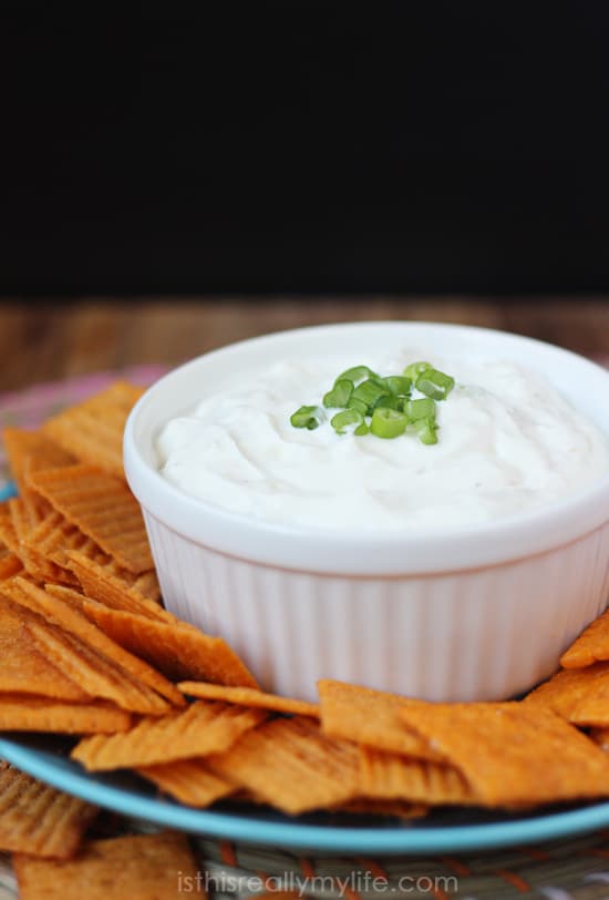 Rancho Dip -- a great party dip. Super creamy with a bit of blue cheese and some garlic. Pairs perfectly with your favorite crunchy crackers or chips.