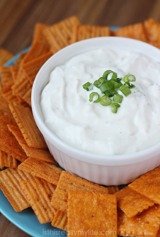 Rancho Dip -- a great party dip. Super creamy with a bit of blue cheese and some garlic. Pairs perfectly with your favorite crunchy crackers or chips.