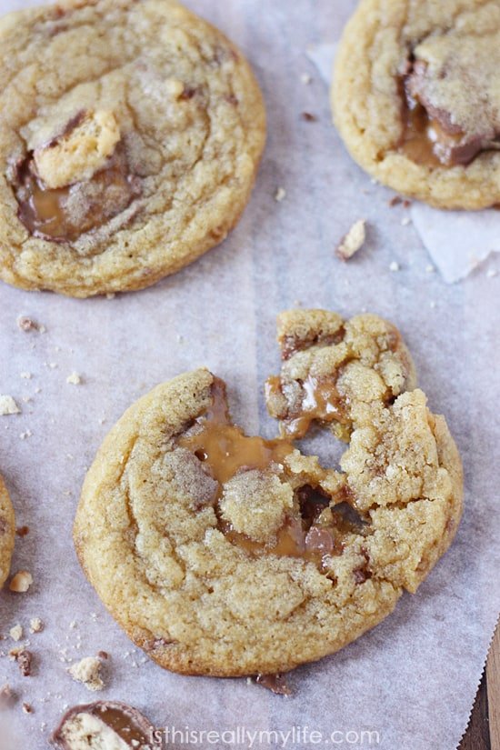 Twix Pudding Cookies -- my favorite pudding cookie recipe with chunks of Twix candy bar.