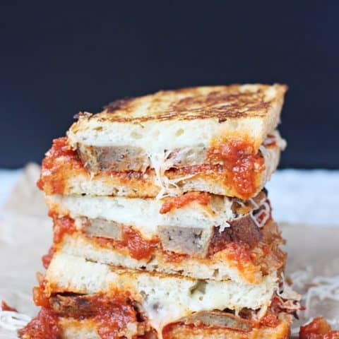 Meatball Marinara Grilled Cheese Sandwich -- a melty, cheesy combination of marinara, Italian meatballs and Italian cheeses on sourdough bread. So yummy!