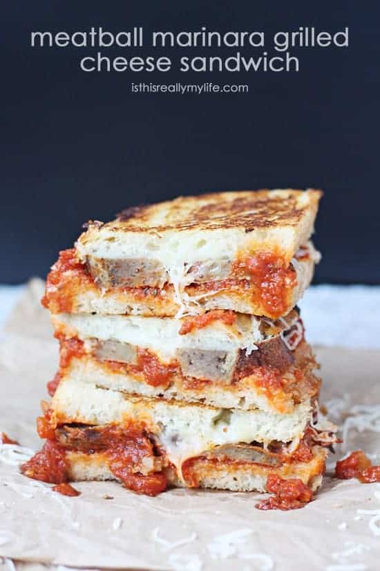 Meatball Marinara Grilled Cheese Sandwich -- a melty, cheesy combination of marinara, Italian meatballs and Italian cheeses on sourdough bread. So yummy!