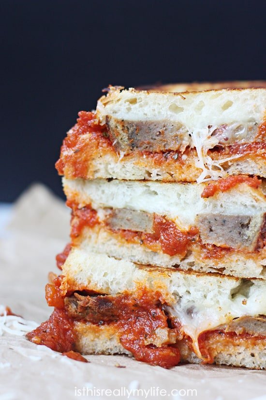 Meatball Marinara Grilled Cheese Sandwich -- a melty, cheesy combination of marinara, Italian meatballs and Italian cheeses on sourdough bread. So yummy!