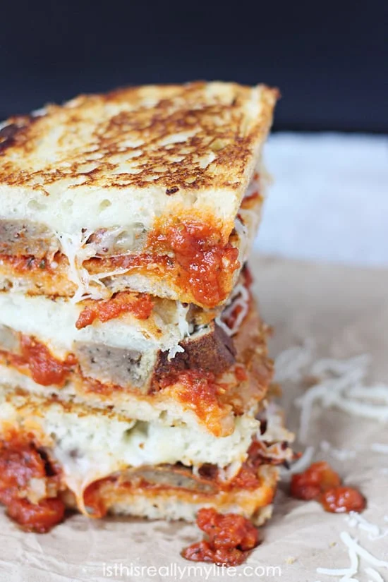 Meatball Marinara Grilled Cheese Sandwich -- a melty, cheesy combination of marinara, Italian meatballs and Italian cheeses on sourdough bread. So yummy!