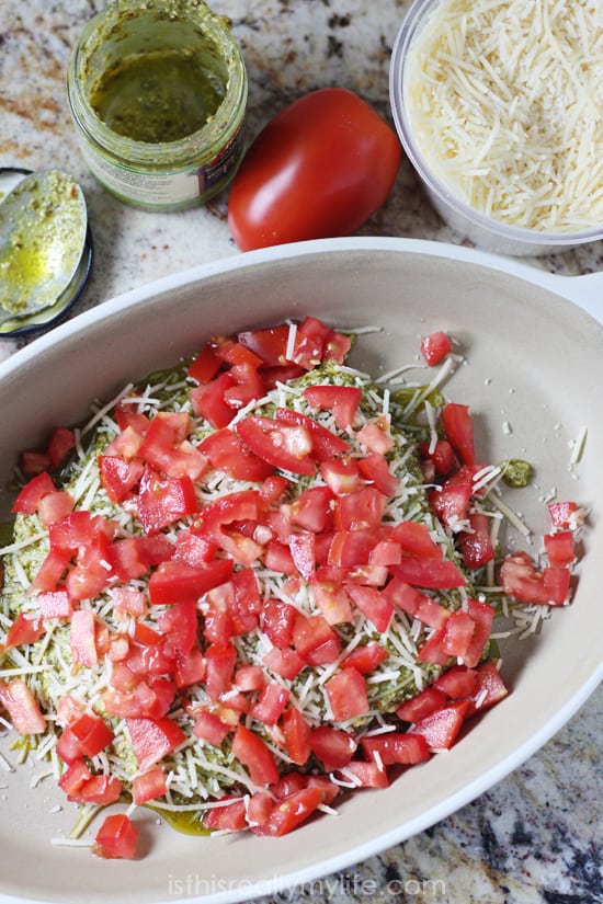 Layered Pesto Dip -- only 4 ingredients and so yummy!