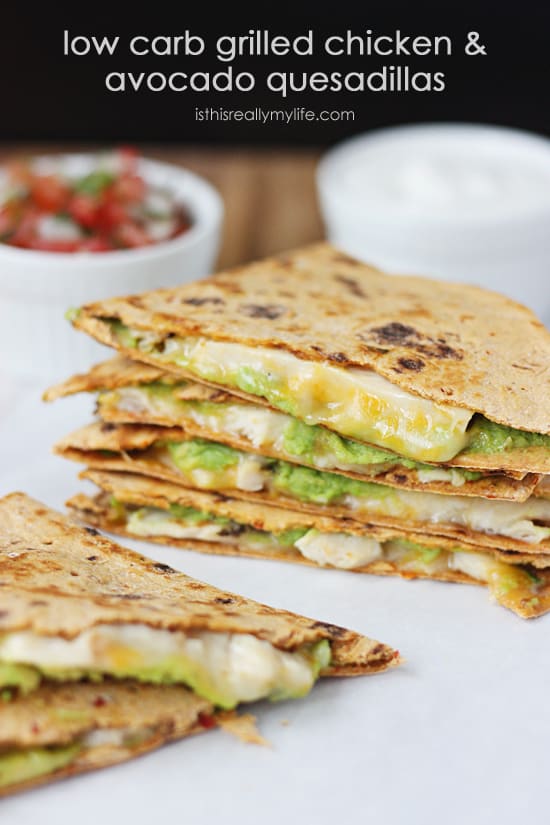 Low-Carb Grilled Chicken Pepper Jack and Avocado Quesadillas. These quesadillas feature Flatout ProteinUP Red Pepper Hummus low-carb wraps for a healthier quesadilla.