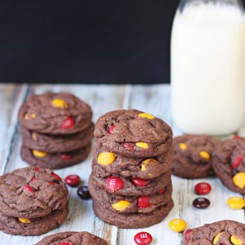 Chocolate Harvest Blend M&Ms Pudding Cookies -- the scrumptiousness of chocolate cookie dough combined with festive fall M&Ms makes for the perfect kid-friendly fall dessert!