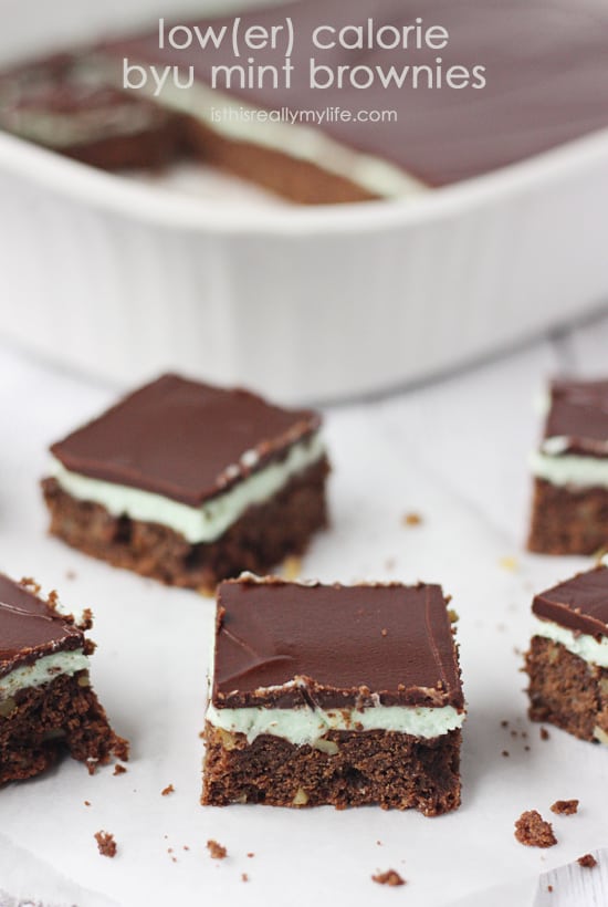 Lower Calorie BYU Mint Brownies with Chocolate Ganache - substitute Splenda granulated no calorie sweetener for the sugar and you save 1,200 calories! Substituting is optional as are the walnuts. They are yummy either way!