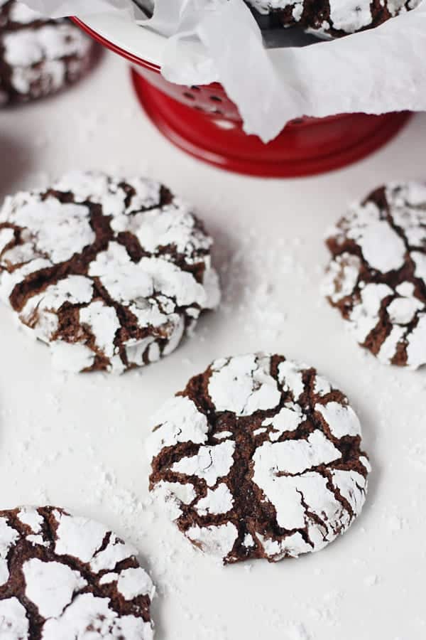 Double Chocolate Crinkle Cookies - Instant espresso powder + mini semisweet chocolate chips = next-level double chocolate crinkle cookies. One bite and you'll be hooked! #halfscratched #chocolate #cookies #crinklecookies #baking #cookierecipe #holidayrecipe #easyrecipe 