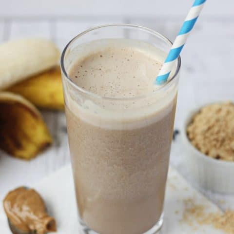 Double Peanut Butter Chocolate Protein Shake -- packed with over 30 grams of protein and less than 13 grams of sugar (8 grams from banana). Delicious chocolate peanut butter smoothie taste!