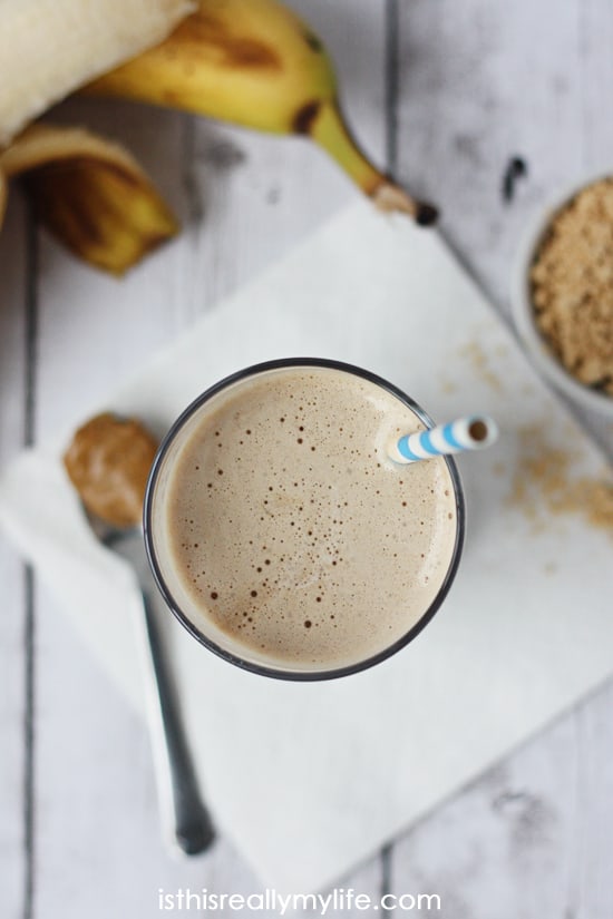 Double Peanut Butter Chocolate Protein Shake -- packed with over 30 grams of protein and less than 13 grams of sugar (8 grams from banana). Delicious chocolate peanut butter smoothie taste!