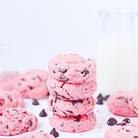 Strawberry Chocolate Chip Cake Mix Cookies -- These strawberry cake mix cookies require only five ingredients and are an easy treat for Valentine's Day. You could even dip half the cookie in chocolate! | halfscratched.com #cookies #recipe