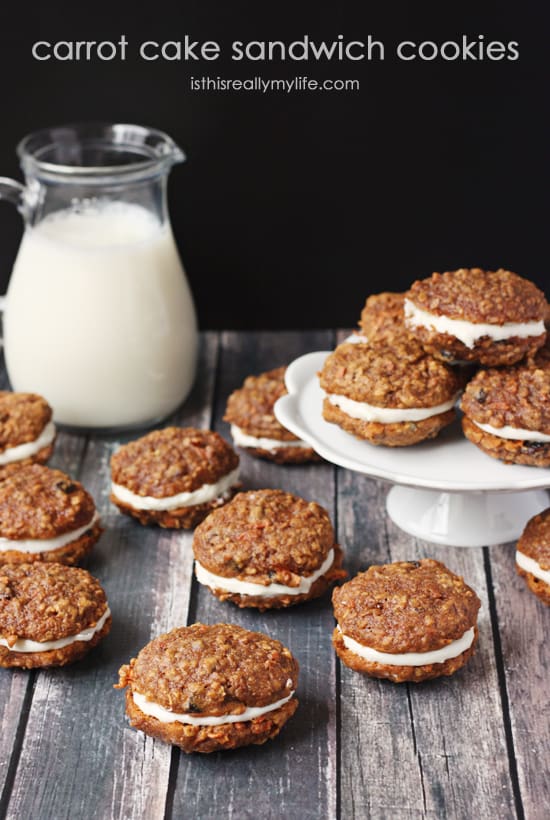 Carrot Cake Sandwich Cookies -- decadent, chewy carrot cake cookies with a creamy cream cheese filling. The perfect handheld dessert, especially during carrot cake season!