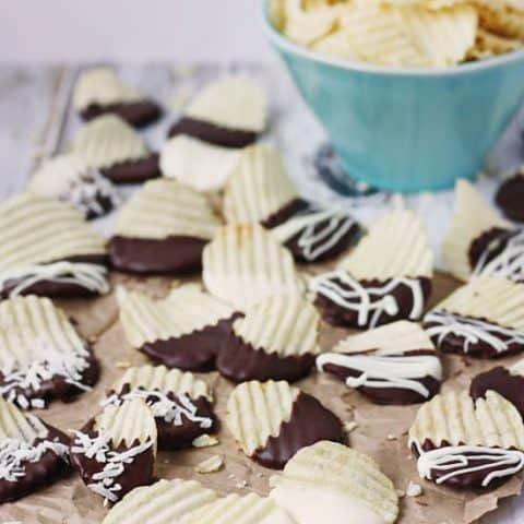 Chocolate Covered Potato Chips -- these babies come together in about 5 minutes. A heavenly combination of salty crunch and chocolaty creaminess. You will never look at a potato chip the same way again!
