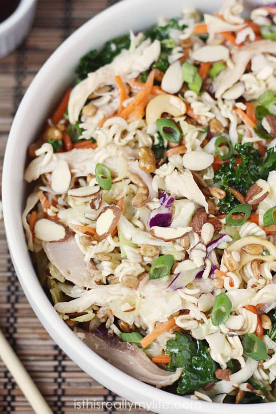 The Best Asian Ramen Chicken Salad Ever -- power up the taste and nutrients of Asian ramen salad with 6 superfoods, rotisserie chicken and a to-die-for dressing!