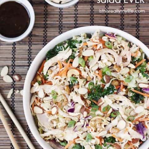 The Best Asian Ramen Chicken Salad Ever -- power up the taste and nutrients of Asian ramen salad with 6 superfoods, rotisserie chicken and a to-die-for dressing!