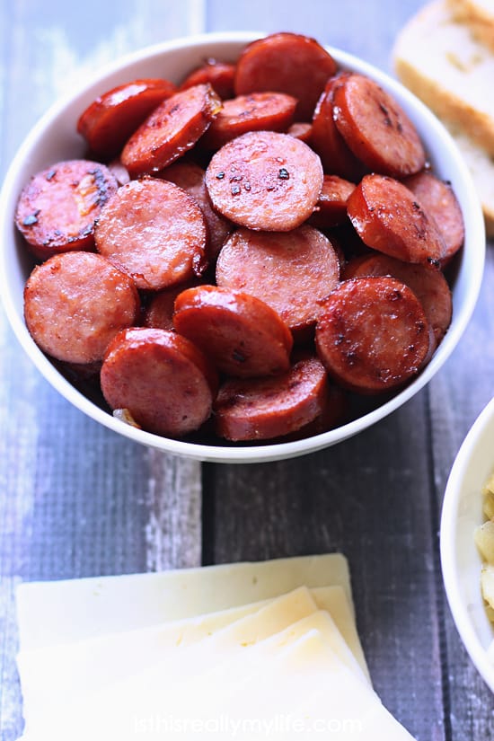 Caramelized Apple, Onion & Smoked Sausage Grilled Cheese Sandwich