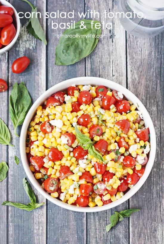 Corn salad with tomato, basil and feta