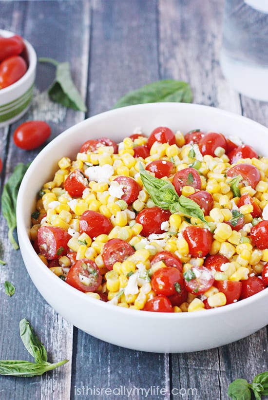 Corn Salad with Tomato, Basil & Feta - Half-Scratched