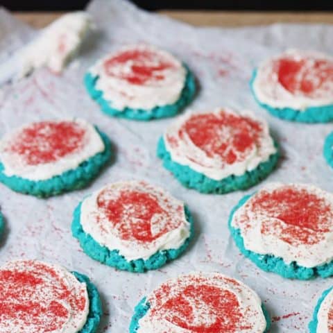 4th of July Cake Mix Cookies or Dr Seuss Cookies -- these cake mix cookies require only a handful of ingredients and come together quickly. They are perfect for a 4th of July part OR your next Dr Seuss celebration!
