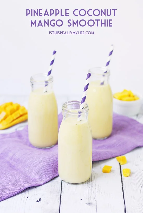Pineapple Coconut Mango Smoothie -- This smoothie has only five ingredients and is packed with antioxidants and vitamins. It features fresh or frozen mango, frozen pineapple, Greek yogurt, coconut milk and banana. So yummy and great for workouts!