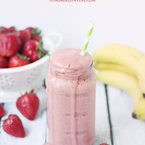 Healthy Strawberry Orange Protein Smoothie -- Orange juice, strawberries, banana and vanilla protein powder come together in this delicious healthy strawberry orange protein smoothie.
