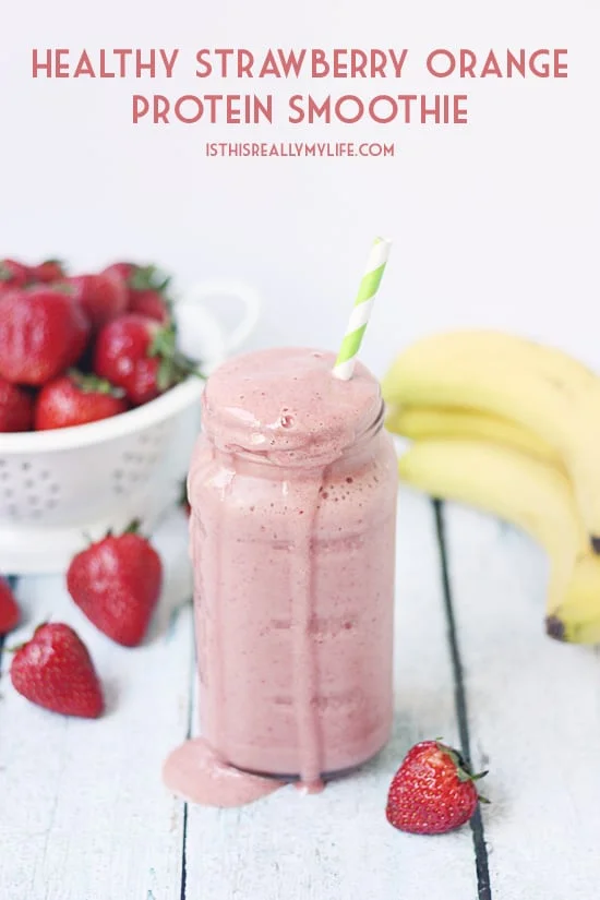 Healthy Strawberry Orange Protein Smoothie -- Orange juice, strawberries, banana and vanilla protein powder come together in this delicious healthy strawberry orange protein smoothie.