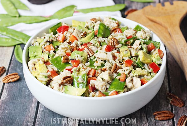 Wild Rice Salad - This wild rice salad is the perfect summer dish with its diced chicken, red bell pepper, snow peas, avocado and toasted pecans.