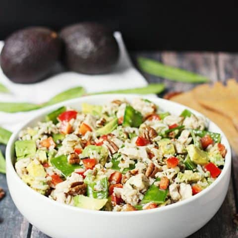 Wild Rice Salad - This wild rice salad is the perfect summer dish with its diced chicken, red bell pepper, snow peas, avocado and toasted pecans.