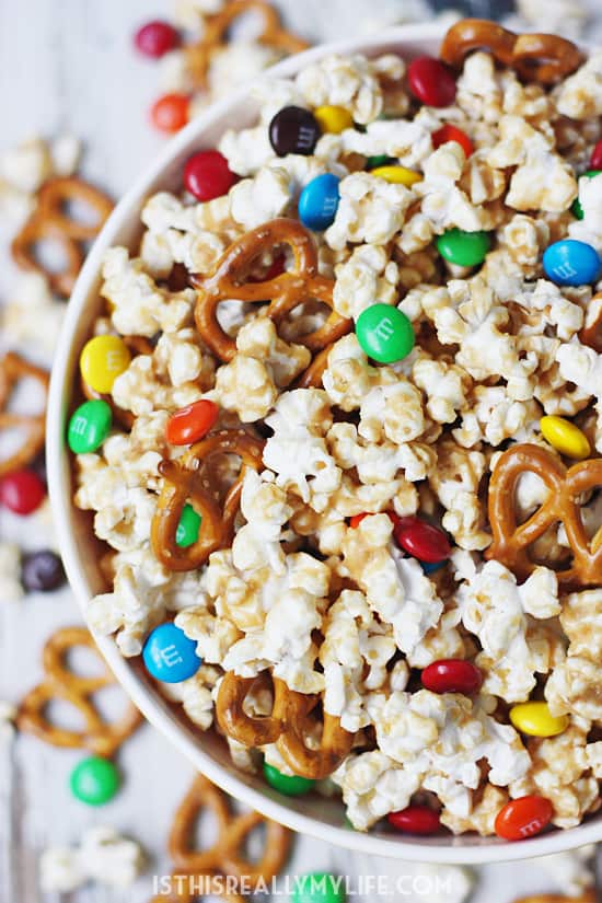 Healthy Peanut Butter Pretzel Popcorn Mix HalfScratched