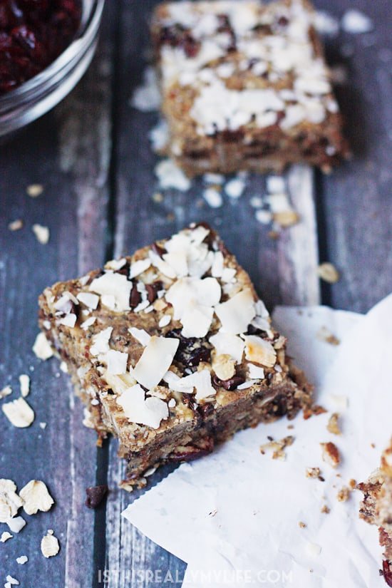 Chocolate Cranberry Oatmeal Protein Bars HalfScratched