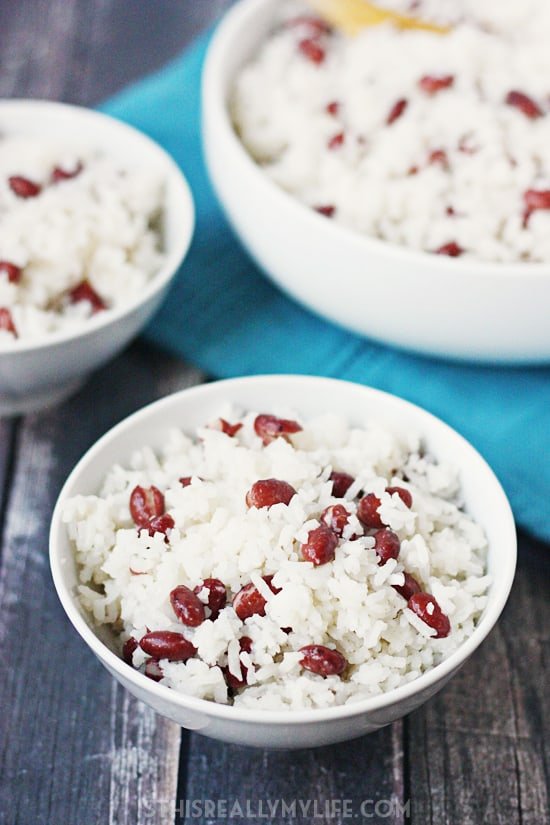 Copycat Rumbi Rice -- There is nothing like the combination of sweet, sticky coconut rice and red beans. This rice is perfect as a side dish or the main ingredient in your favorite Hawaiian rice bowl!