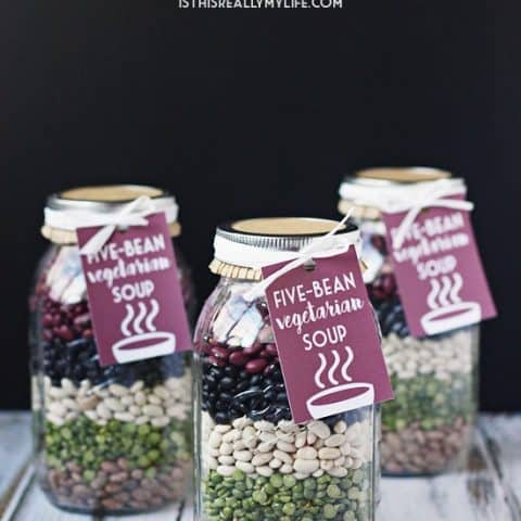 Five-Bean Vegetarian Soup Mix in a Jar -- This five-bean vegetarian soup mix in a jar requires minimal effort and minimal cost and is absolutely delicious, which basically makes it the perfect gift!