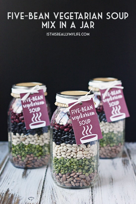 Five-Bean Vegetarian Soup Mix in a Jar -- This five-bean vegetarian soup mix in a jar requires minimal effort and minimal cost and is absolutely delicious, which basically makes it the perfect gift!