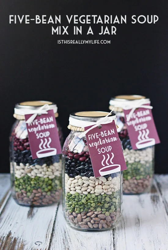 Five-Bean Vegetarian Soup Mix in a Jar -- This five-bean vegetarian soup mix in a jar requires minimal effort and minimal cost and is absolutely delicious, which basically makes it the perfect gift!