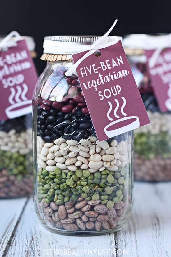 Five-Bean Vegetarian Soup Mix in a Jar -- This five-bean vegetarian soup mix in a jar requires minimal effort and minimal cost and is absolutely delicious, which basically makes it the perfect gift!