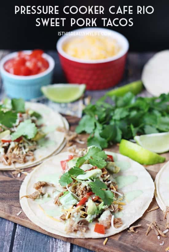 Pressure Cooker Cafe Rio Pork Tacos -- I took our favorite slow cooker Cafe Rio pork and converted it into an equally scrumptious pressure cooker Cafe Rio pork. Do not forget the creamy cilantro dressing! | halfscratched.com