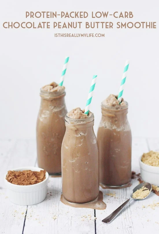 Protein-Packed Low-Carb Chocolate Peanut Butter Smoothie -- This chocolaty, peanut-buttery, protein-packed smoothie is low carb thanks to unsweetened almond milk, cocoa powder and no-calorie sweetener. | halfscratched.com