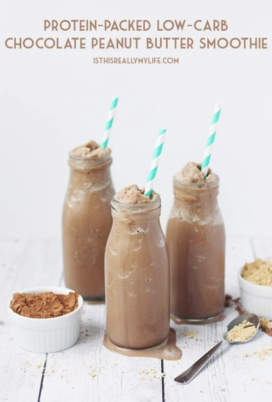 Protein-Packed Low-Carb Chocolate Peanut Butter Smoothie -- This chocolaty, peanut-buttery, protein-packed smoothie is low carb thanks to unsweetened almondmilk, cocoa powder and no-calorie sweetener. | halfscratched.com