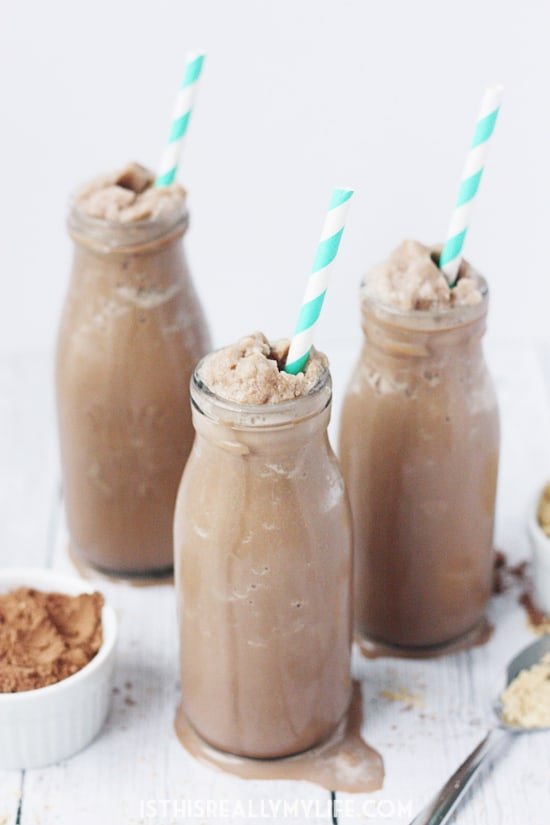 Protein-Packed Low-Carb Chocolate Peanut Butter Smoothie -- This chocolaty, peanut-buttery, protein-packed smoothie is low carb thanks to unsweetened almond milk, cocoa powder and no-calorie sweetener. | halfscratched.com